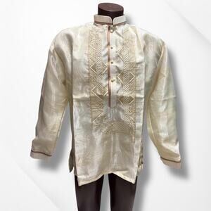 Embroidered Beige Silk Barong Tagalog Filipino Shirt Mens Formal Large